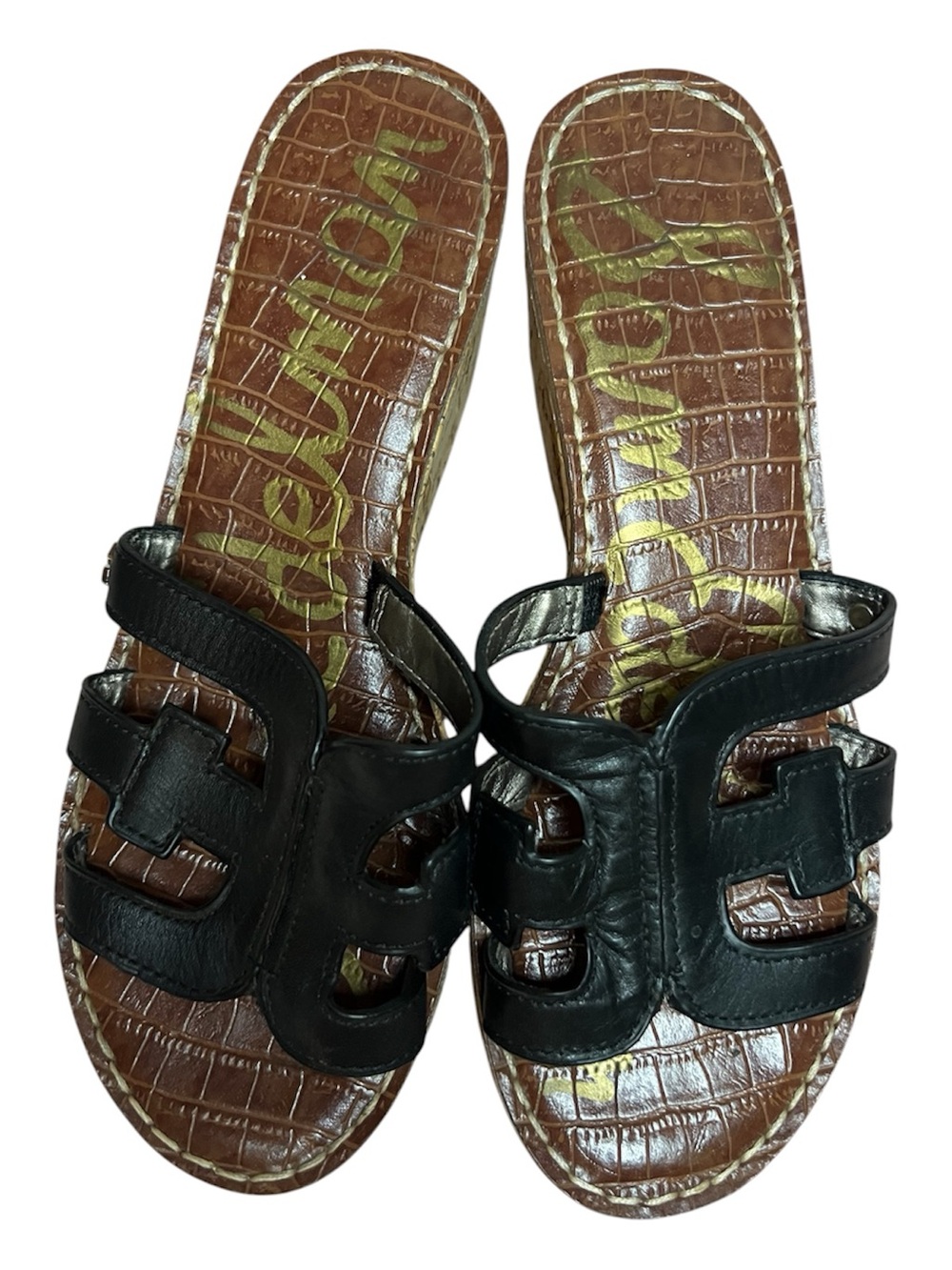 Sam Edelman Black Leather Slide Sandals with Croc-Embossed Footbed